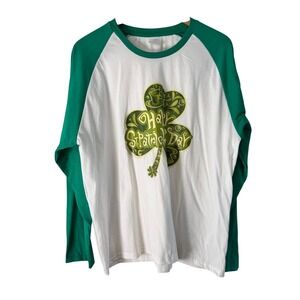 Happy St Patricks Day Raglan Long Sleeve Shirt Green White Shamrock Mens 2XL